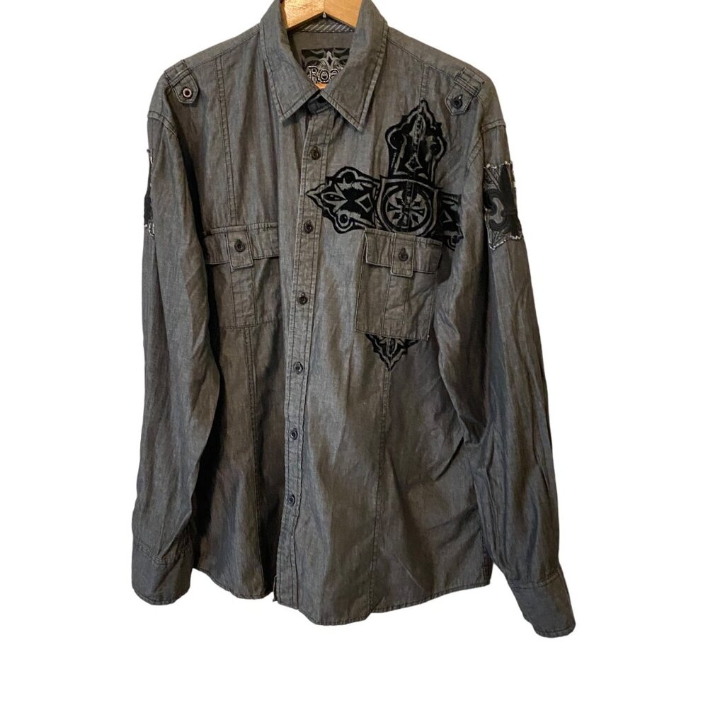 Men’s Y2K Roar Embroidered Grey Button Down Shirt 100% Cotton Size XXL